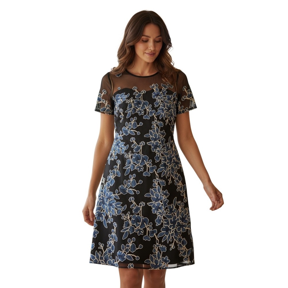 Tadashi Shoji Black Blue Floral Embroidered Mesh Cocktail Dress Size 2 A-Line